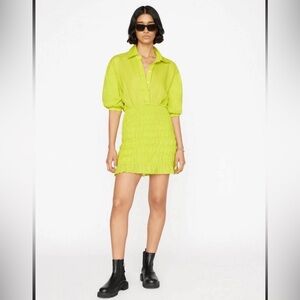 NWT Frame Shirred Puff Sleeve Ramie Smocked Shirt Dress Lime